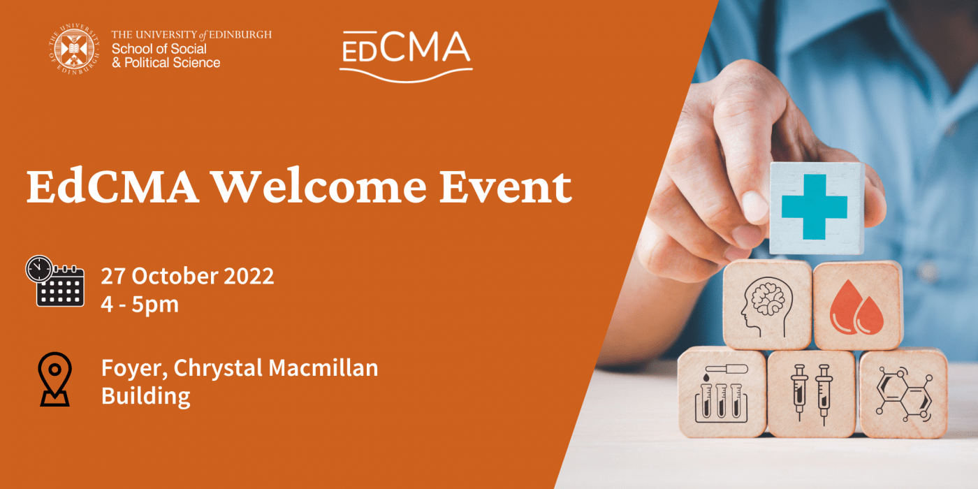 Welcome event banner showing title, date, time, location of event, the school and EDCMA logo and an image showing building blocks with photos of medical related images on them.