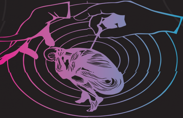 Cover of Gill Haddow's book depicting a person lying in a foetal position in a circle, with giant hands reaching for the person